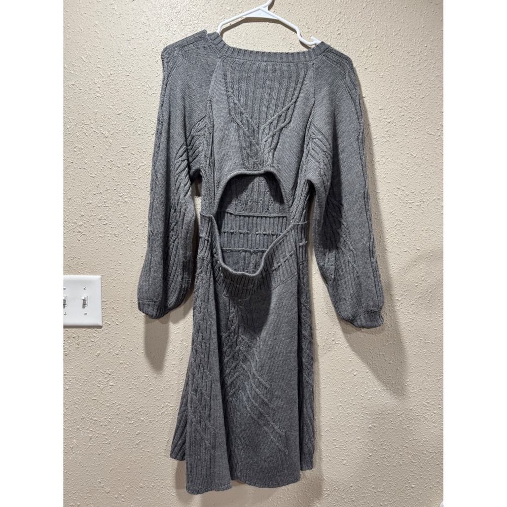 Venus Gray Cable Knit Sweater Dress Back Cutout Long Sleeve Mini Womens Small